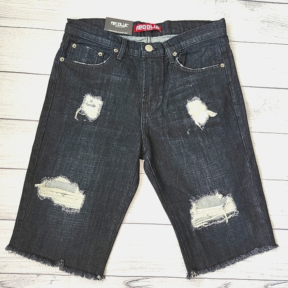 Neo Blue Distressed Black Denim Shorts Size 32 Men - Picture 1 of 8